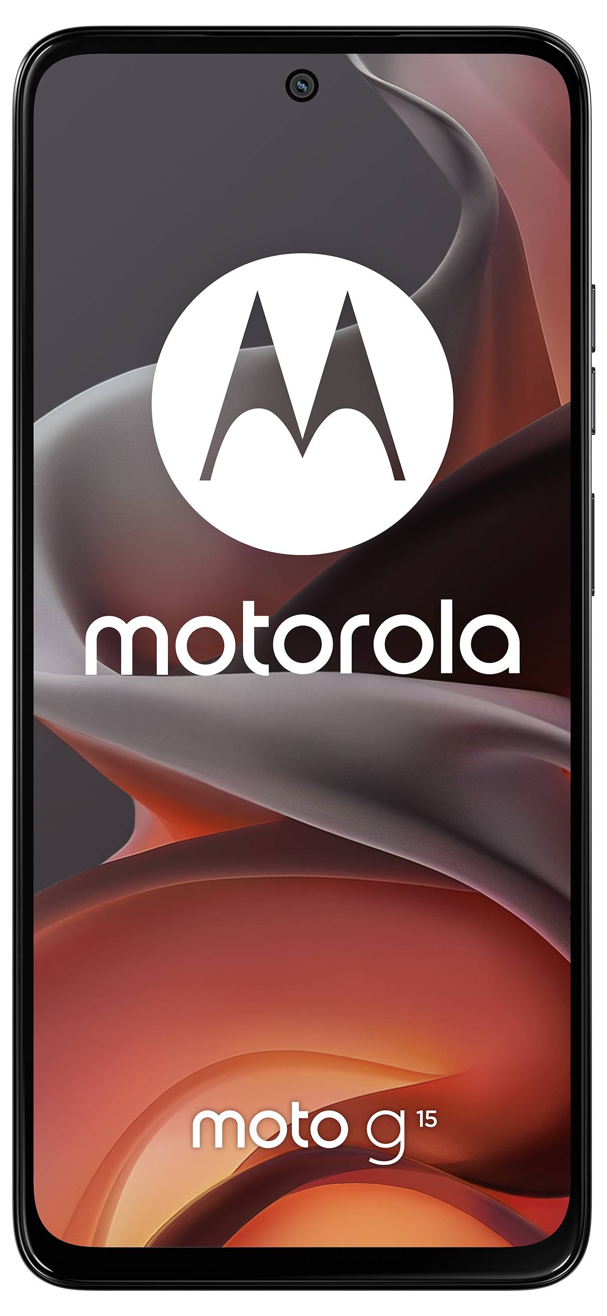 A smartphone displaying a screen with the 'Motorola' logo and 'moto g 15' text on a swirling red and gray abstract background.