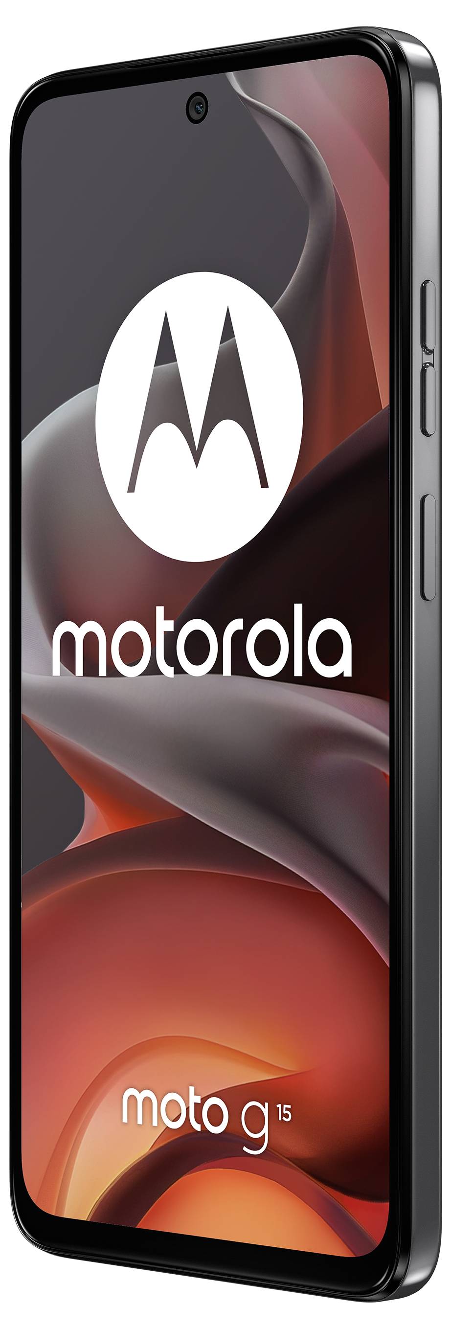 Side view of a Motorola Moto G phone with a swirling red and black background and the Motorola logo on the screen.