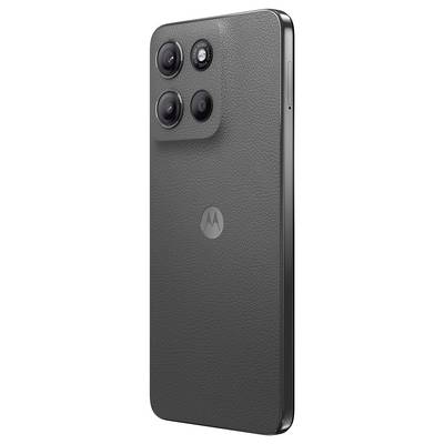 A black smartphone with three rear cameras and a textured back, showcasing the brand's logo.