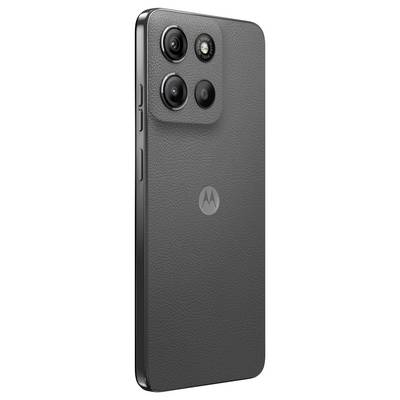 Smartphone with three rear cameras, textured black back, and a logo in the center.