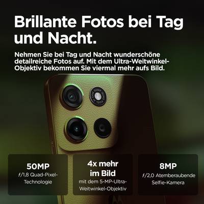 Smartphone rear with camera modules and text describing camera features: 50 MP, Ultra-wide angle, 8 MP selfie camera; for detailed photos.