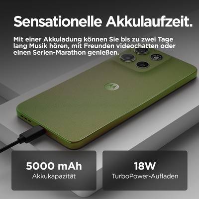 A green smartphone with long battery life is being charged via a cable. Text highlights 5000 mAh and 18W TurboPower charging.