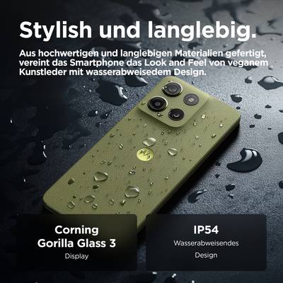 The image depicts a green smartphone with a vegan leather design and three cameras. The text highlights features including Gorilla Glass 3 and IP54 water resistance.