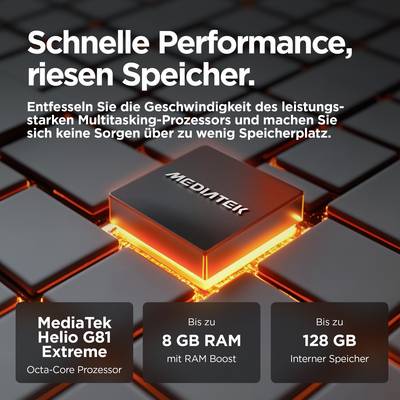 'Rapid performance, massive storage. MediaTek Helio G81 Extreme Processor, 8 GB RAM, 128 GB internal storage.'
