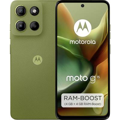 A green Motorola Moto G15 smartphone with 'motorola' and 'moto g15' displayed on the screen. Highlight: 'RAM-BOOST (4 GB + 4 GB)'.