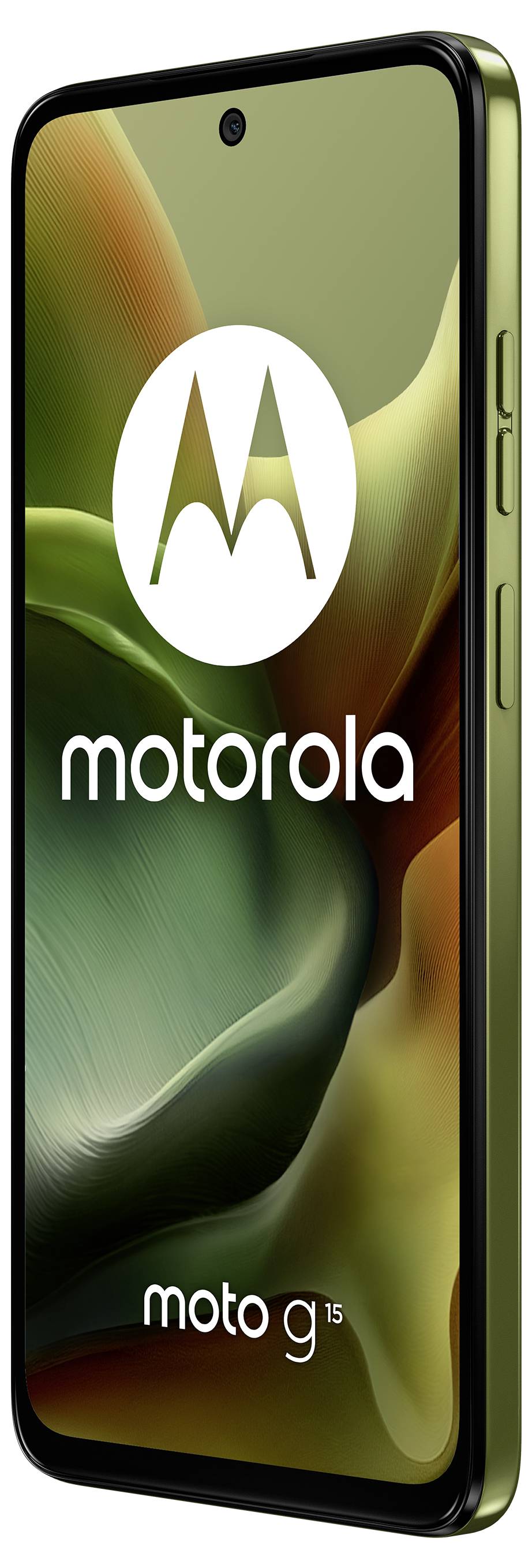 Smartphone in olive colour, standing sideways. The Motorola logo with the text 'moto g15' is visible on the display.