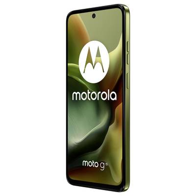 Smartphone in olive colour, standing sideways. The Motorola logo with the text 'moto g15' is visible on the display.