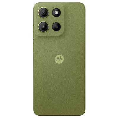 Smartphone back in green with three camera lenses and brand logo in the centre.