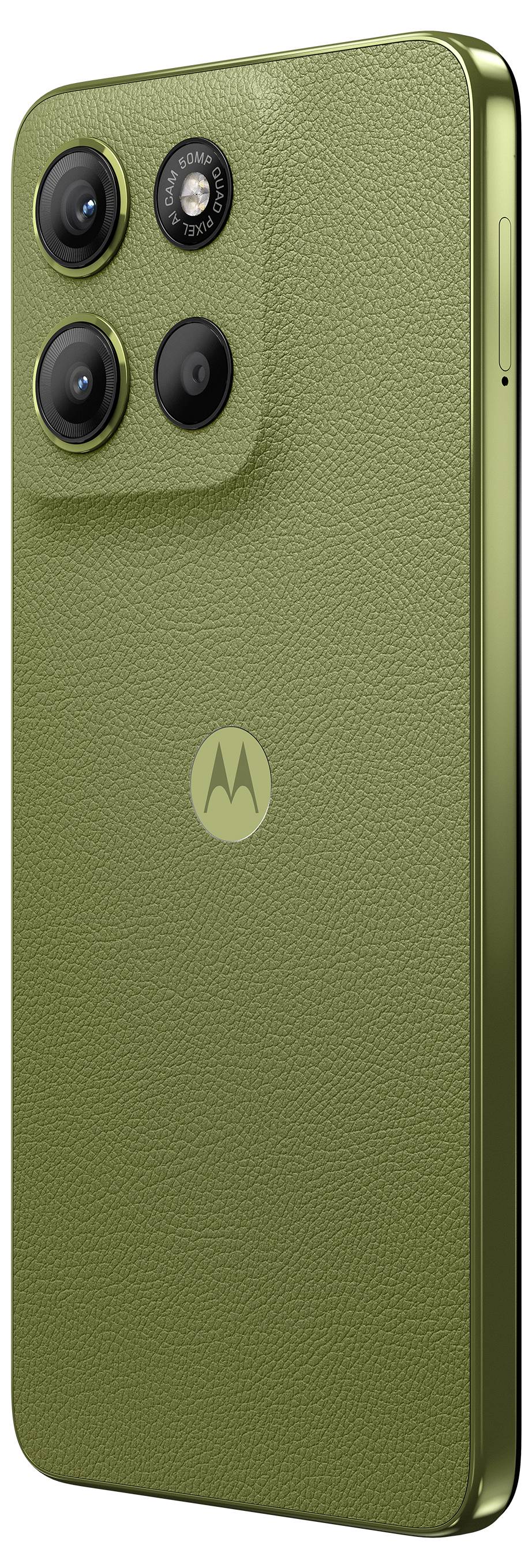 A green smartphone with three cameras on the back. The Motorola logo is positioned centrally.