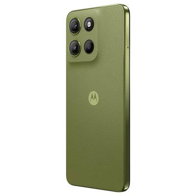 A green smartphone with three cameras on the back. The Motorola logo is positioned centrally.