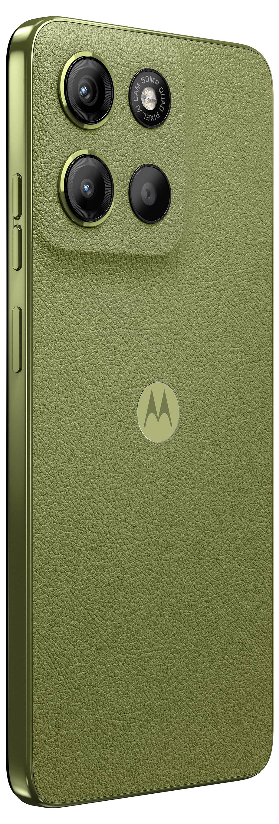 Green smartphone with a leather-effect back and three camera lenses in the top left. Brand logo in the centre.