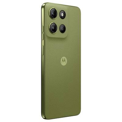 Green smartphone with a leather-effect back and three camera lenses in the top left. Brand logo in the centre.