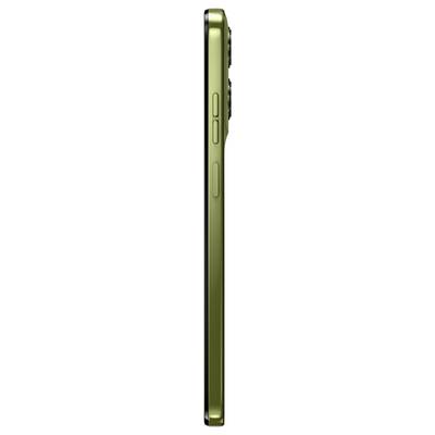Side view of a slender green smartphone with two volume buttons and a circular camera bump.