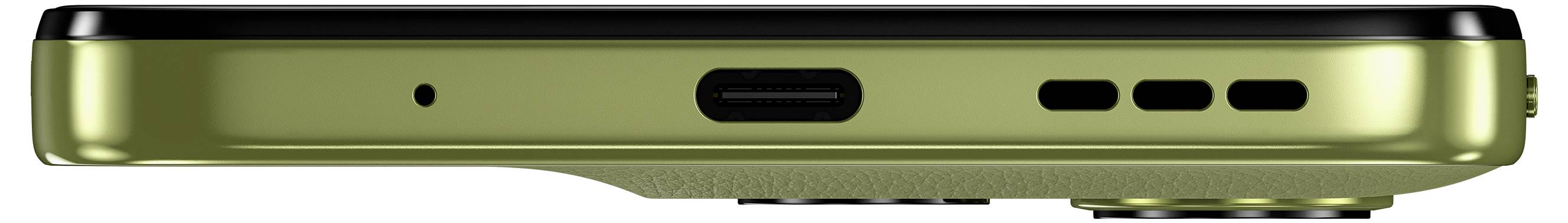 Side view of a smartphone in green with charging port, speakers, and camera lenses.