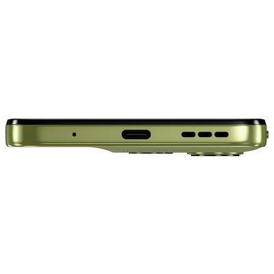 Side view of a smartphone in green with charging port, speakers, and camera lenses.