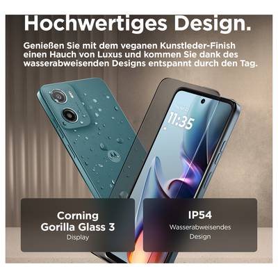 'Premium Design' - Two smartphones with vegan leather-effect finish. Features: Corning Gorilla Glass 3 display, IP54 water resistance.