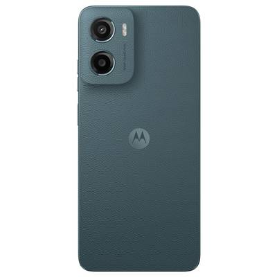 Teal smartphone with textured back, dual cameras at the top left, and Motorola logo centered below.