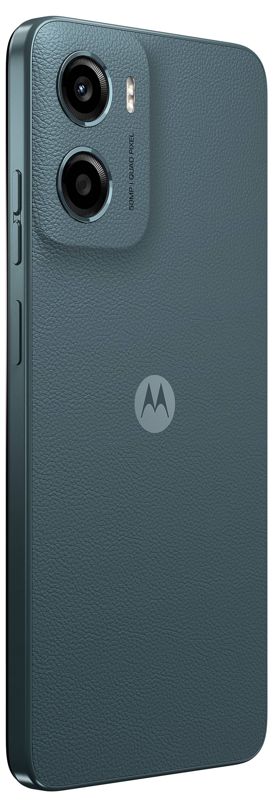 Green Motorola smartphone with dual rear cameras, leather-like textured back, and side buttons.