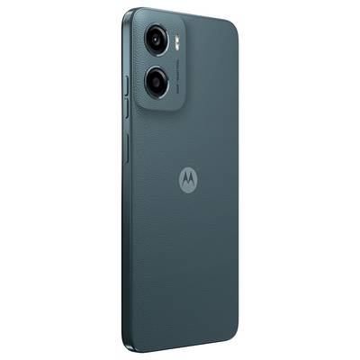 Green Motorola smartphone with dual rear cameras, leather-like textured back, and side buttons.