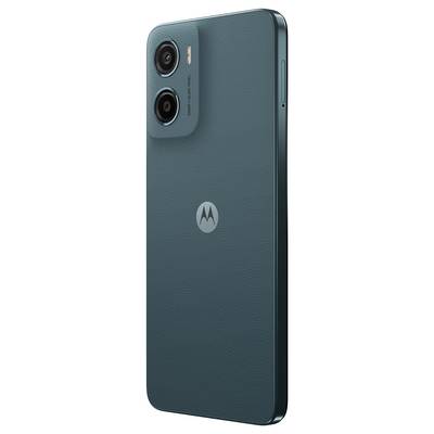 Teal smartphone with dual rear cameras and a textured finish, showcasing the Motorola logo in the center.