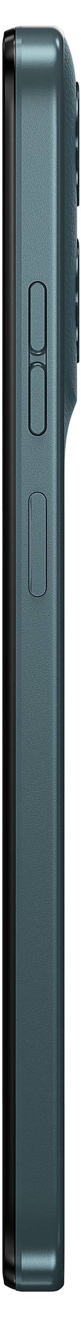 Side view of a sleek smartphone, showing the volume buttons and a slim profile in a teal color.