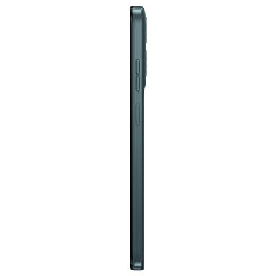 Side view of a sleek smartphone, showing the volume buttons and a slim profile in a teal color.