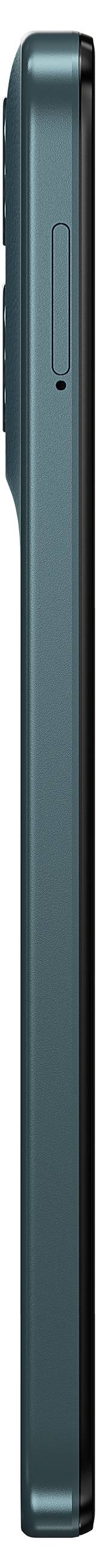 Side view of a slim smartphone with a greenish metallic finish and a single volume button on the side.