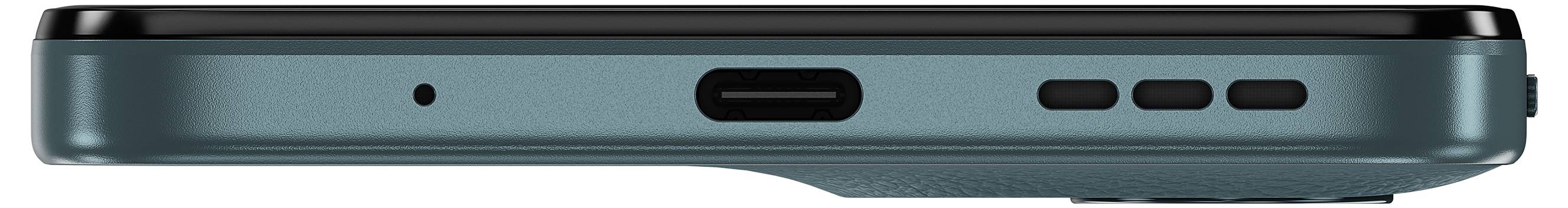 A teal smartphone viewed from the bottom, showing a charging port, microphone, and speaker grilles.