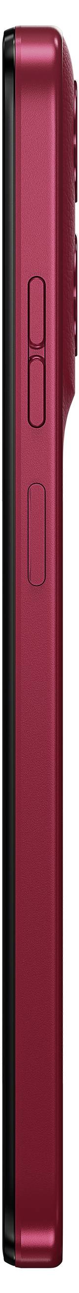 A red smartphone with dual camera and hole-punch display design is shown. Text emphasises premium, water-resistant design with Corning Gorilla Glass 3.