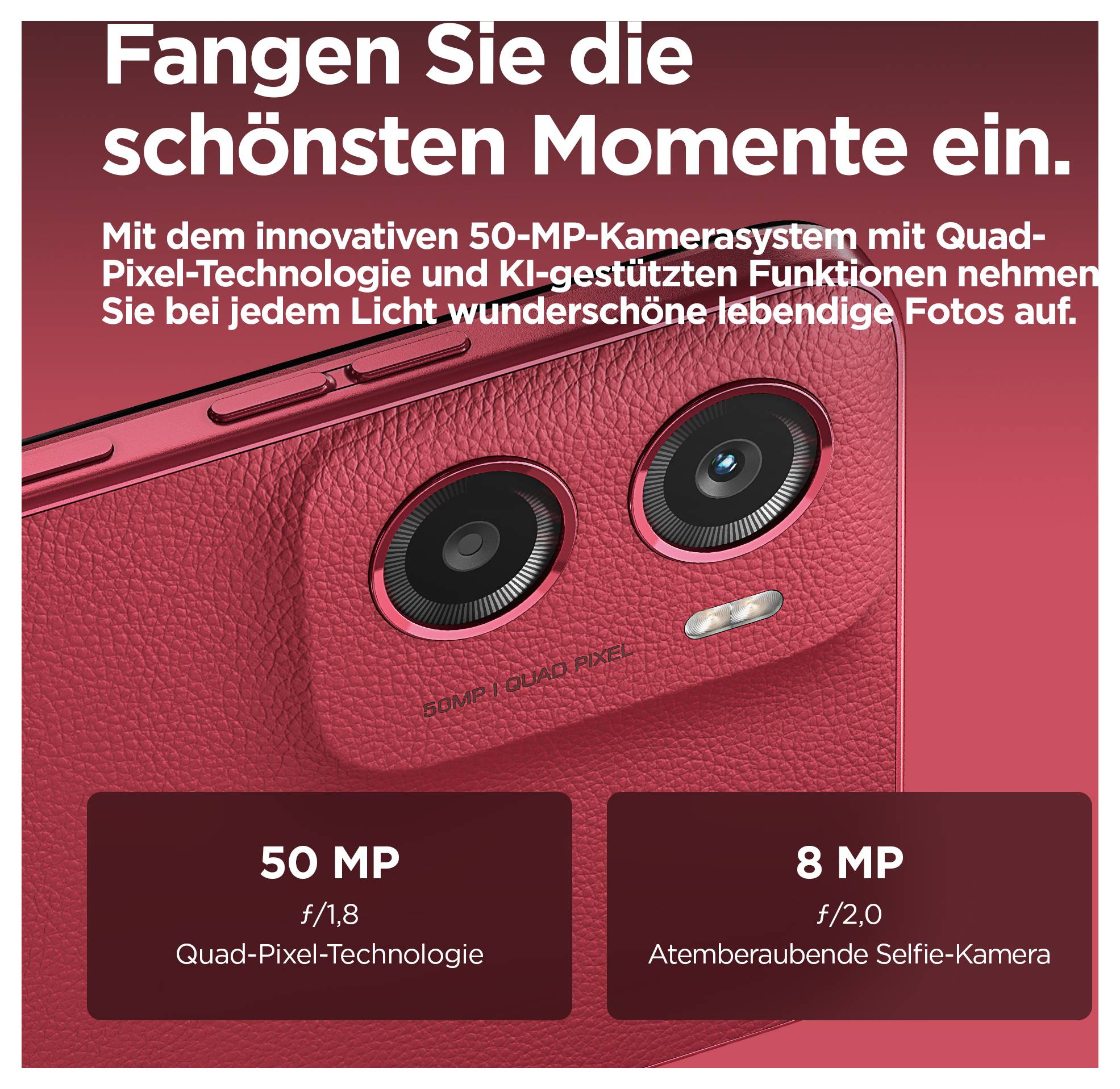 Red smartphone back with two camera lenses. Text describes 50 MP and 8 MP camera specifications for vibrant photos in any light.