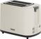 Beige two-slice toaster with heat, defrost, and reheat controls. 'Princess' branding on the front of the appliance.