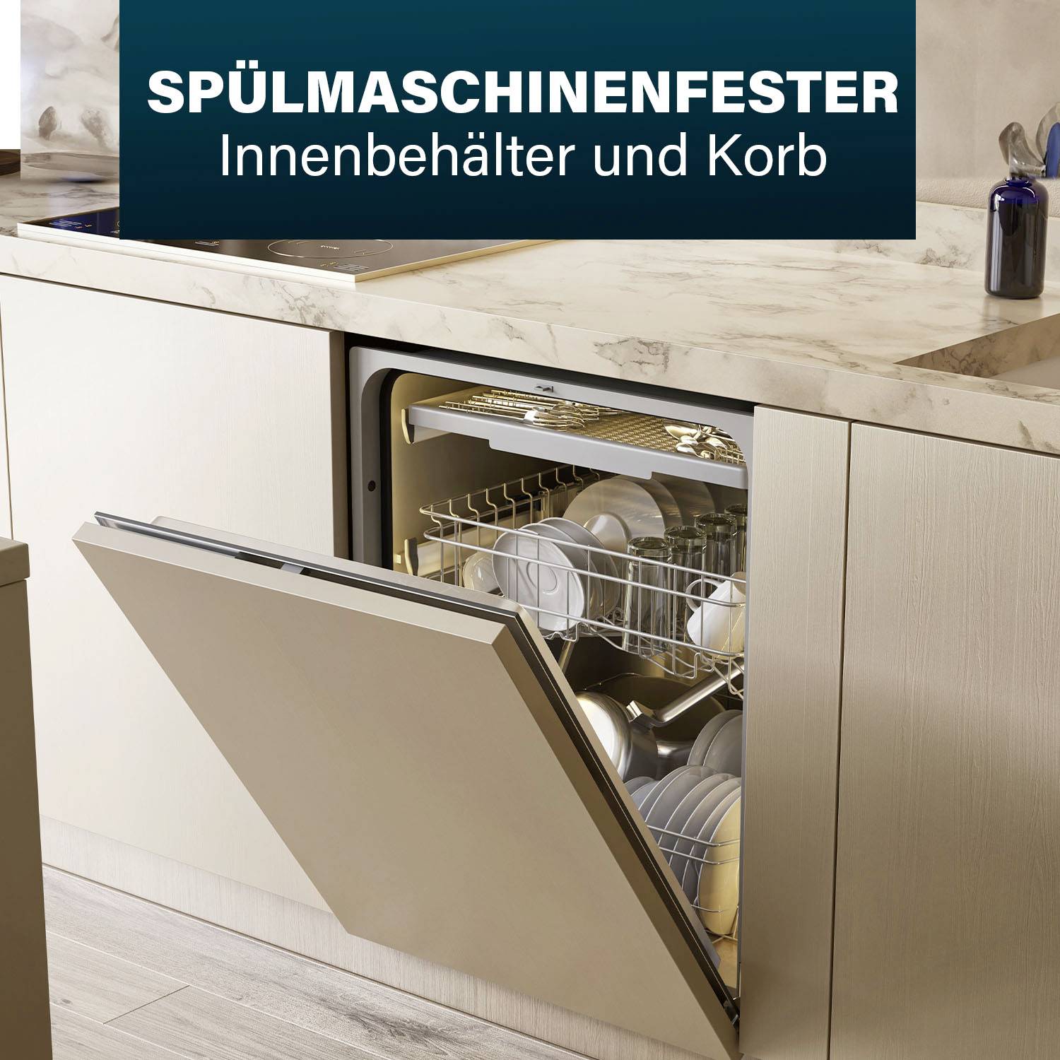 An open dishwasher reveals the crockery inside. At the top it reads: 'Dishwasher-safe inner container and basket'.