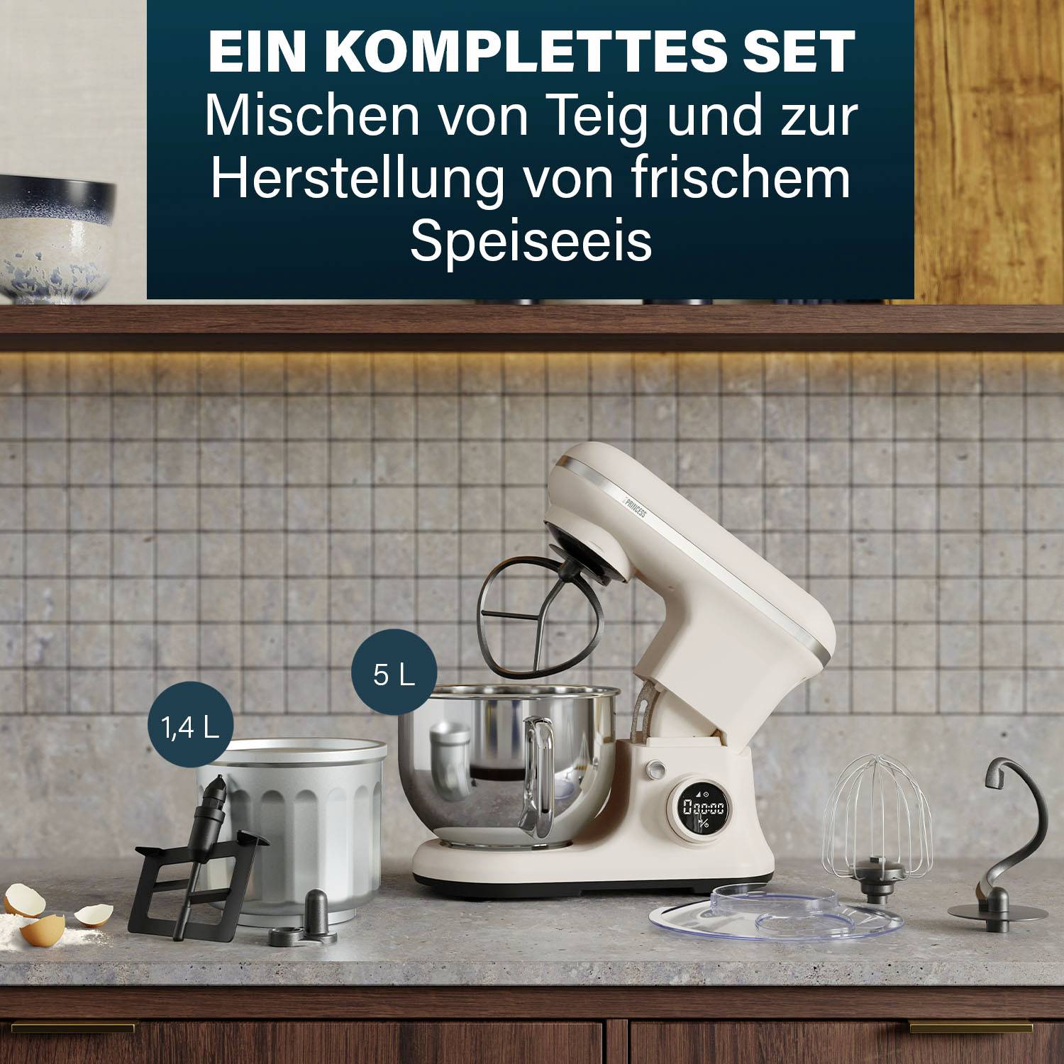 'A complete set for mixing dough and fresh dessert ice cream' is written above a kitchen image featuring a stand mixer and accessories.