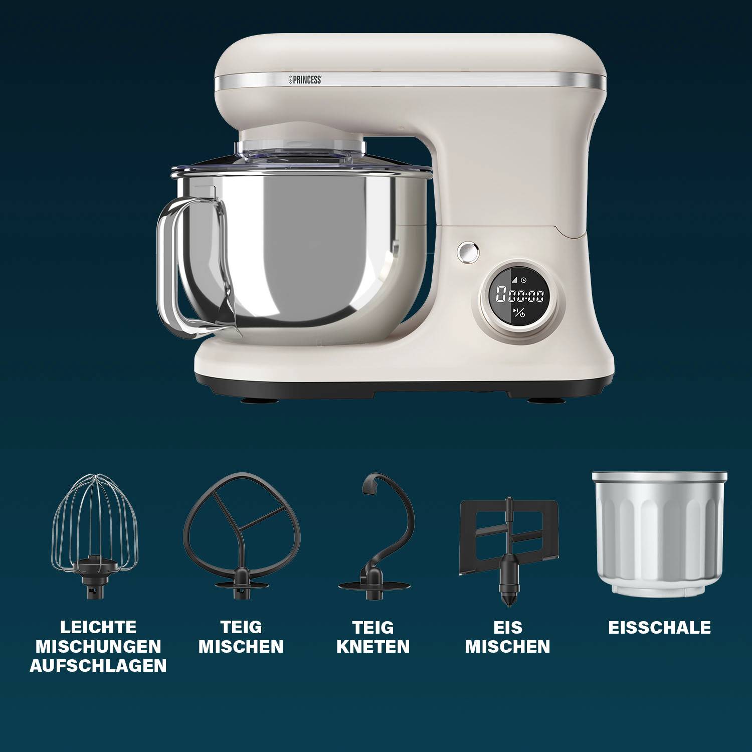 Stand mixer with a silver bowl, five attachments shown below: whisk, K-hook, dough hook, ice cream maker, ice cream bowl.