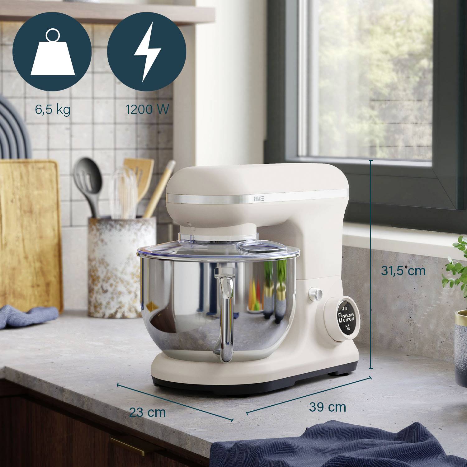 Kitchen food processor on a worktop with dimensions: Height 31.5 cm, Width 39 cm, Depth 23 cm. Powerful: 1200 W, weighs 6.5 kg.