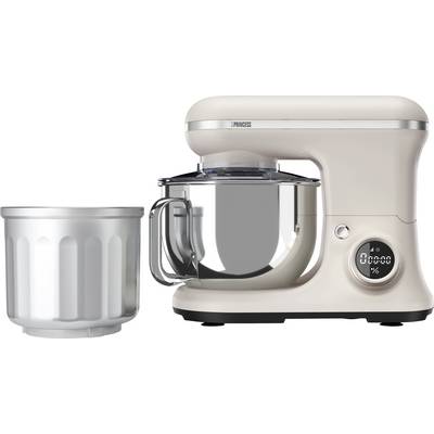 Kitchen mixer in cream colour with bowl and control elements, next to an additional silver mixing bowl.