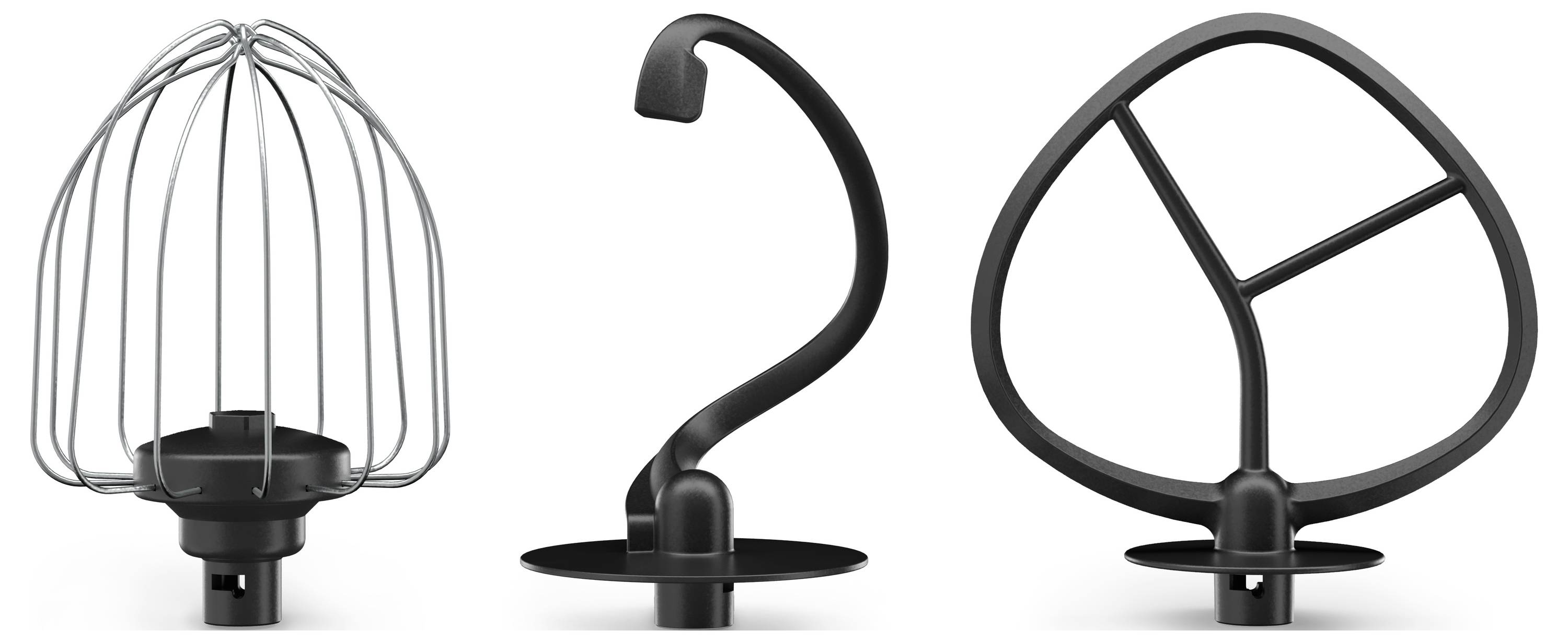 'Three Essays on Kitchen Mixers: Metal Whisk, S-Shaped Hook Beater, and Flat-Design Mixing Attachment.'