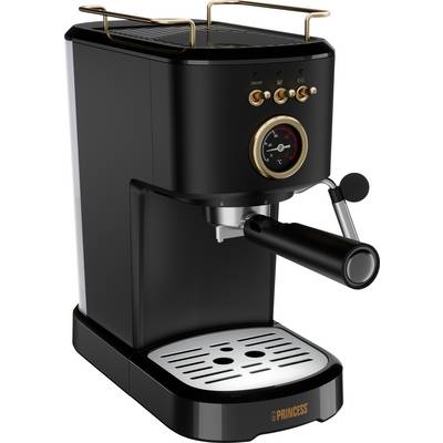 Black espresso machine with golden control elements, pressure gauge and cup tray.