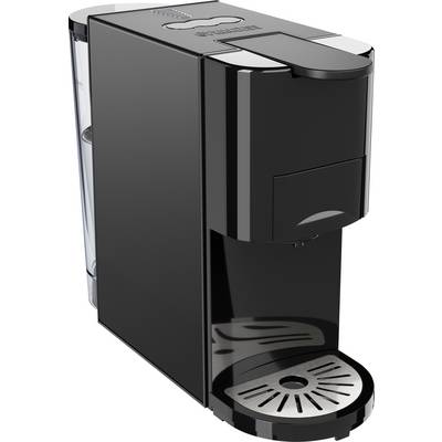 A black coffee machine with a removable water tank and drip tray, suitable for single servings.