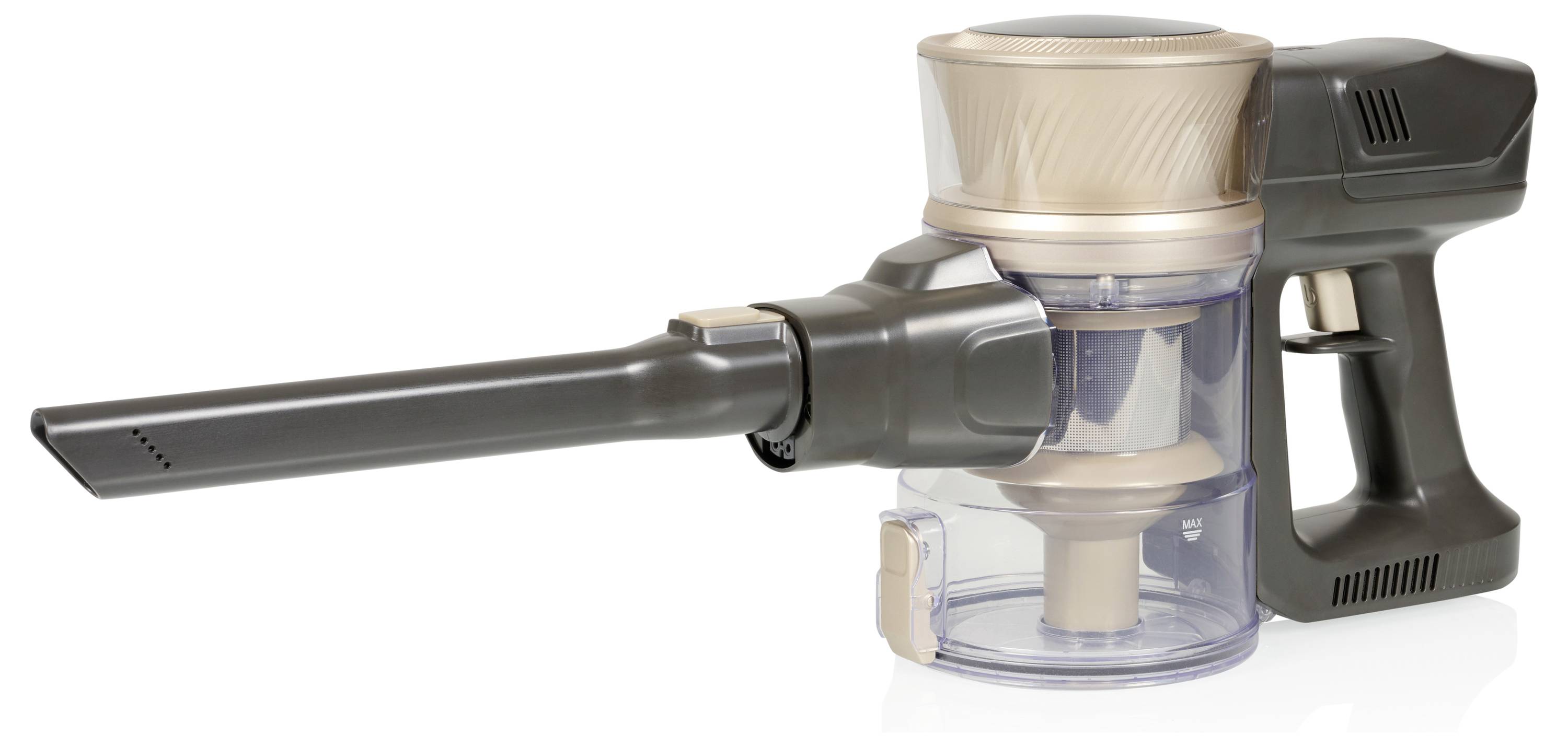 A cordless handheld vacuum cleaner in brown and beige tones with a transparent dust container, suitable for flexible cleaning.