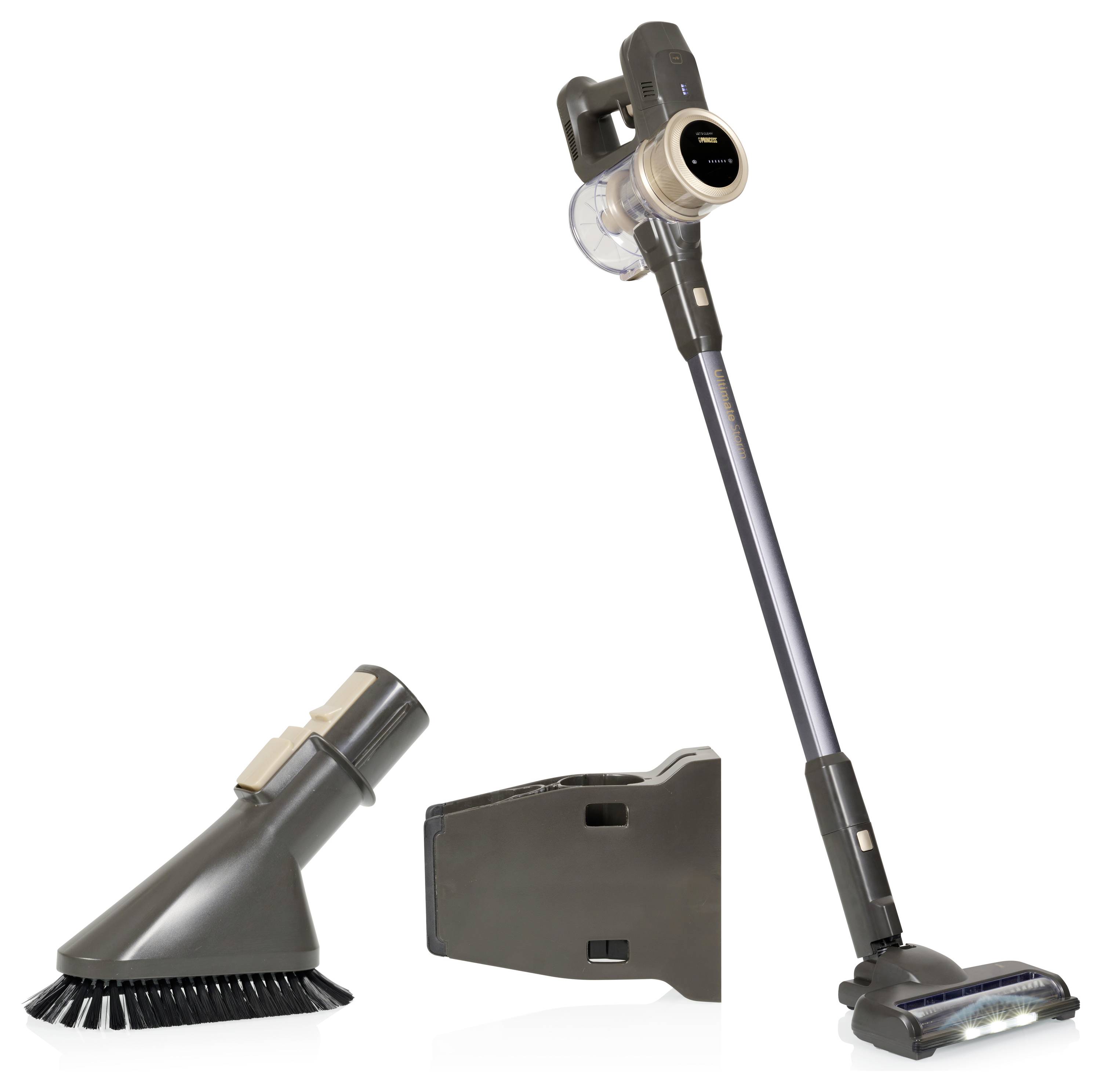 Cordless stick vacuum cleaner with accessories: a suction brush and a wall mount. Ideal for floor cleaning and versatile use.