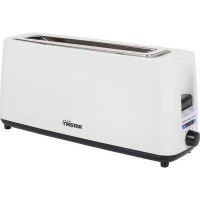 White toaster by Tristar with a long toasting chamber. The control knob for adjusting the toasting level is located on the right.