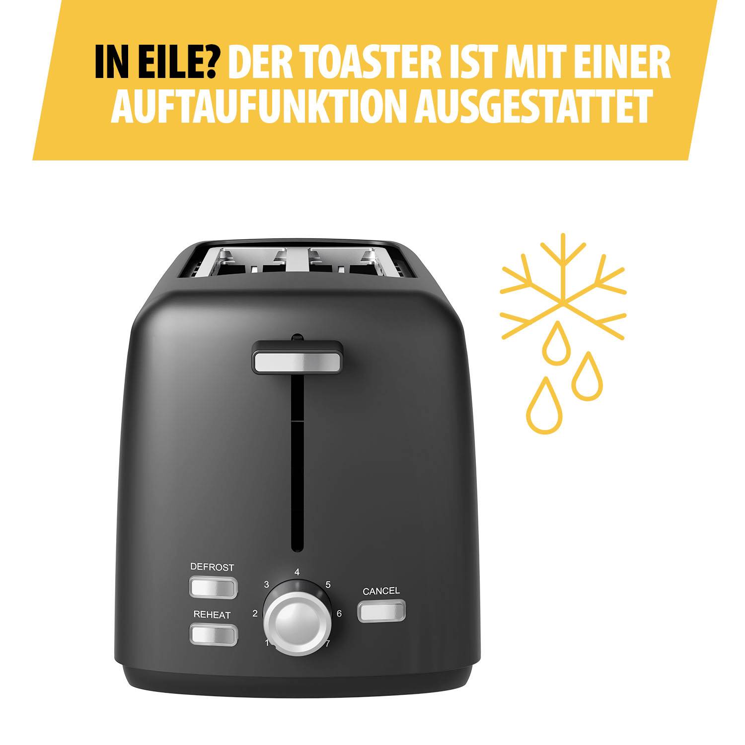 Black Toaster with Defrost Function. The text above says: 'In a hurry? The toaster is equipped with a defrost function.'