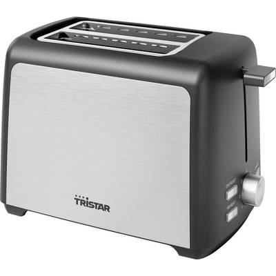 Stainless steel and black plastic toaster with control buttons on the side. Brand 'Tristar'. Suitable for toasting bread.
