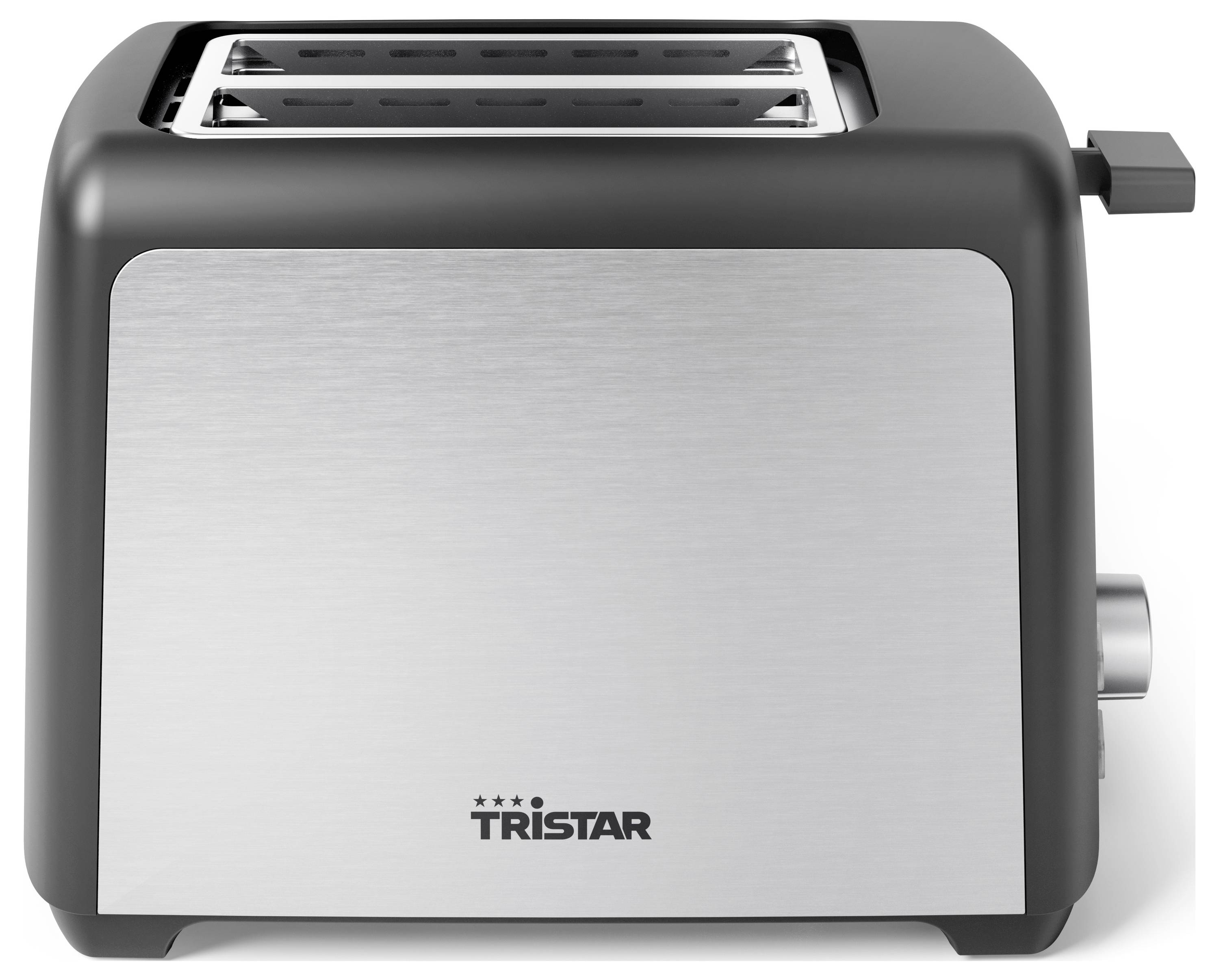 A modern two-slice toaster with a metal casing and black housing, with the brand name 'Tristar' on the front.