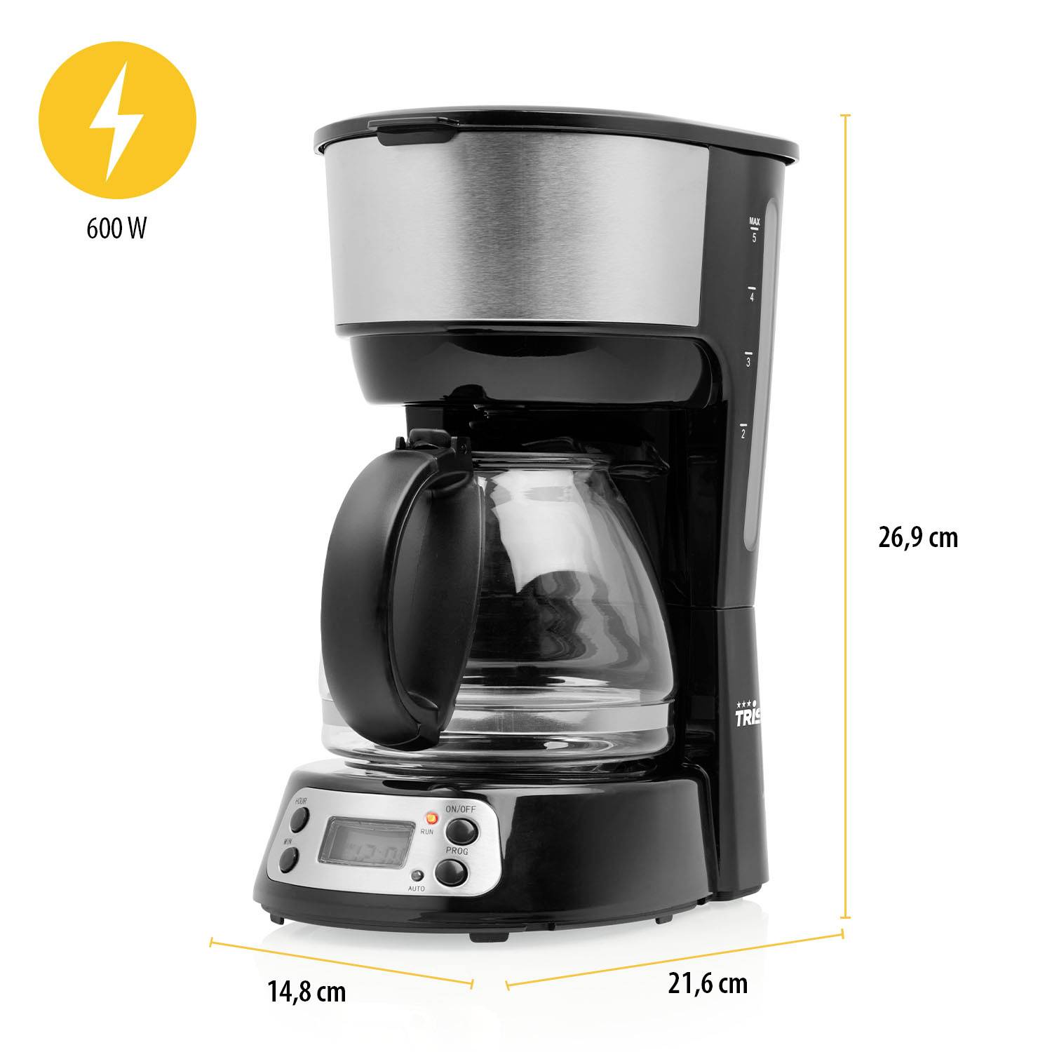 Coffee machine with glass carafe, 600 W power. Dimensions: 26.9 cm high, 21.6 cm wide, 14.8 cm deep. Digital display located in the bottom left.