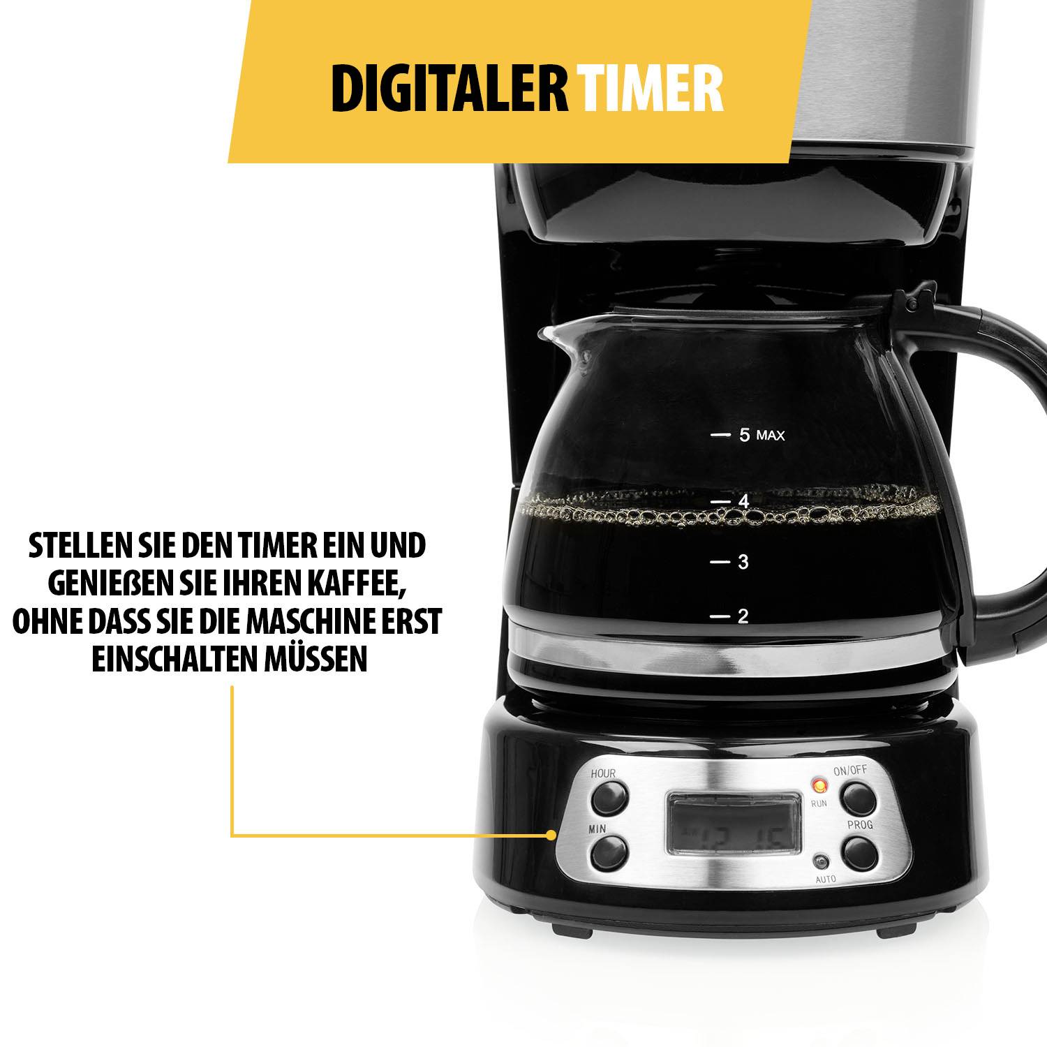 Digital Coffee Machine with Timer Function. Text: Set the timer and enjoy your coffee without having to switch it on first.