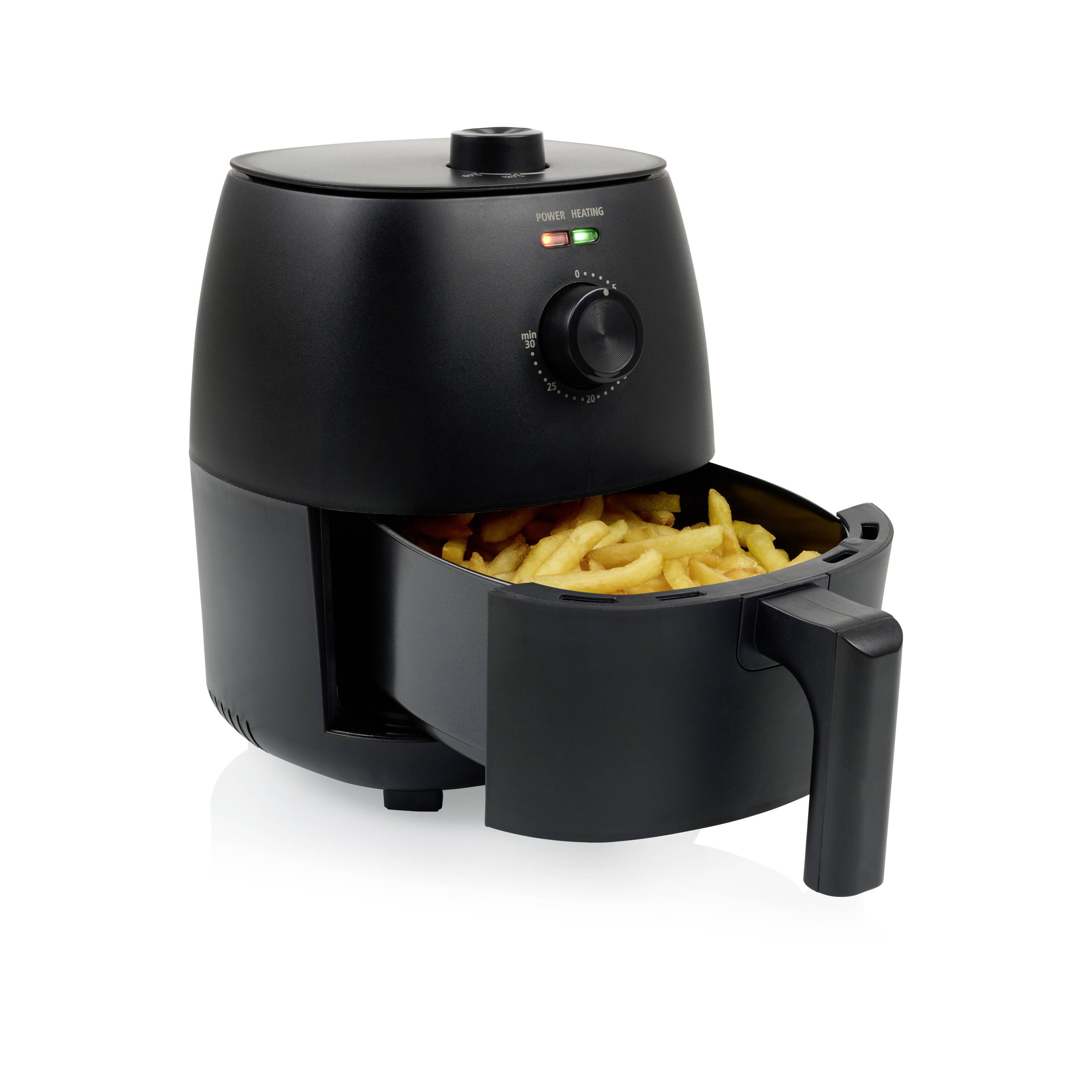 A black air fryer with an open basket filled with chips. At the top, there is a rotary knob for temperature control.