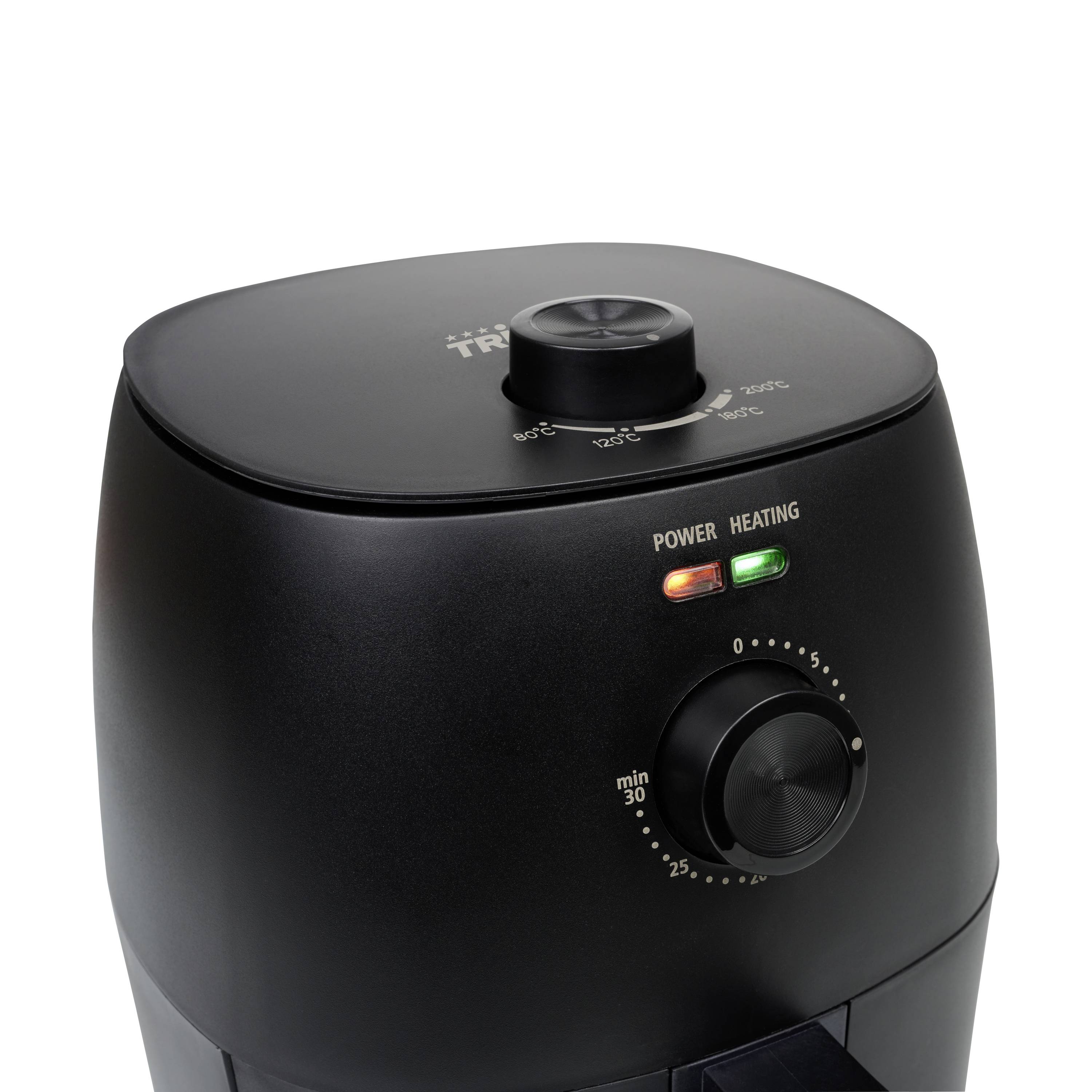 Black hot air fryer with two dials for temperature adjustment and time control, illuminated indicators for operation and heating.