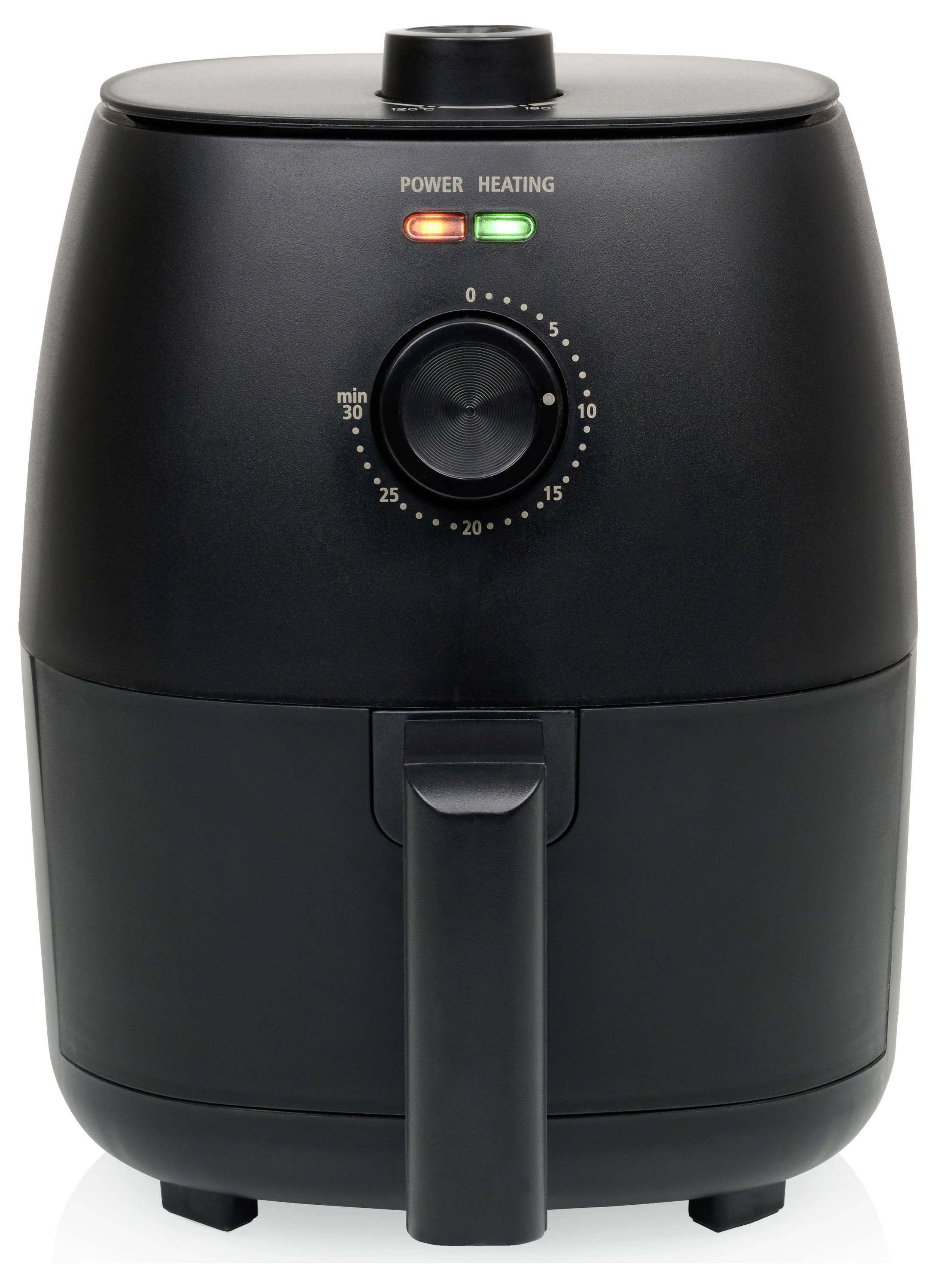 Black hot air fryer with temperature control and timer, two indicator lights for power and heating, modern design.
